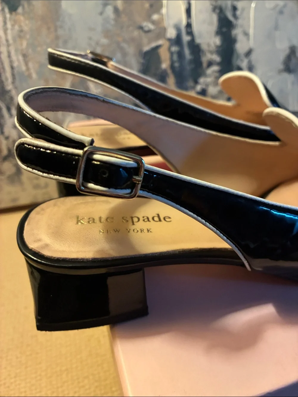 EUC !Kate Spade  Black Patent Leather Slingback Sabina Loafers w/ Gold Size 7M